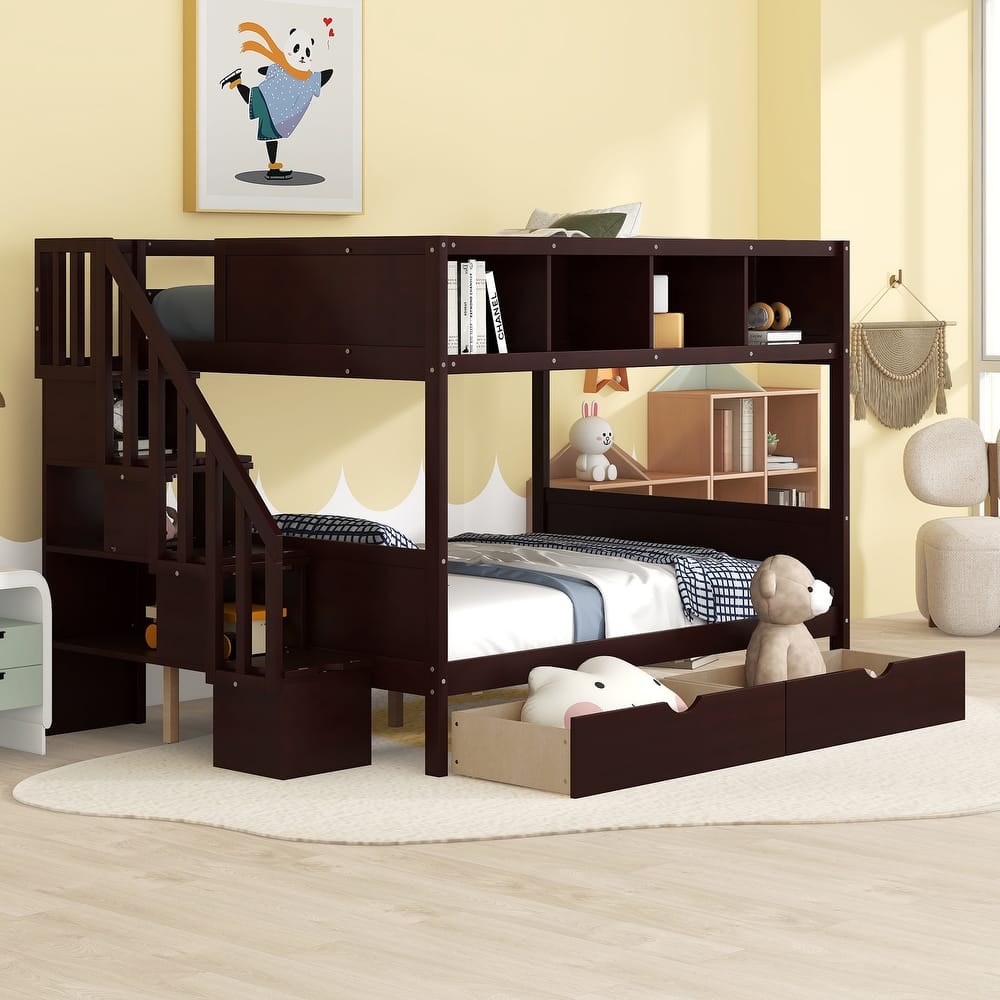 Twin Over Full Bunk Bed with Shelves, Storage Staircase and 2 Drawers