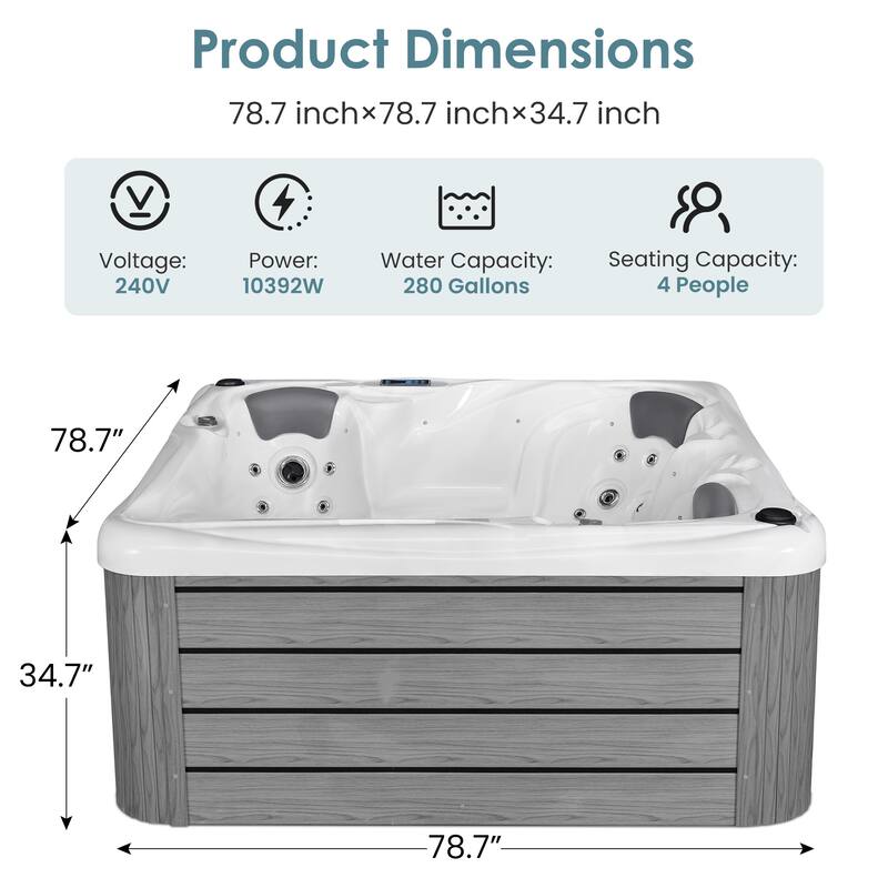 EROMMY 4 Person Outdoor Acrylic Hot Tub Spa with 30 Jets, Ozonator, Insulated Cover, LED Lights & Bluetooth Speaker - 4-Person