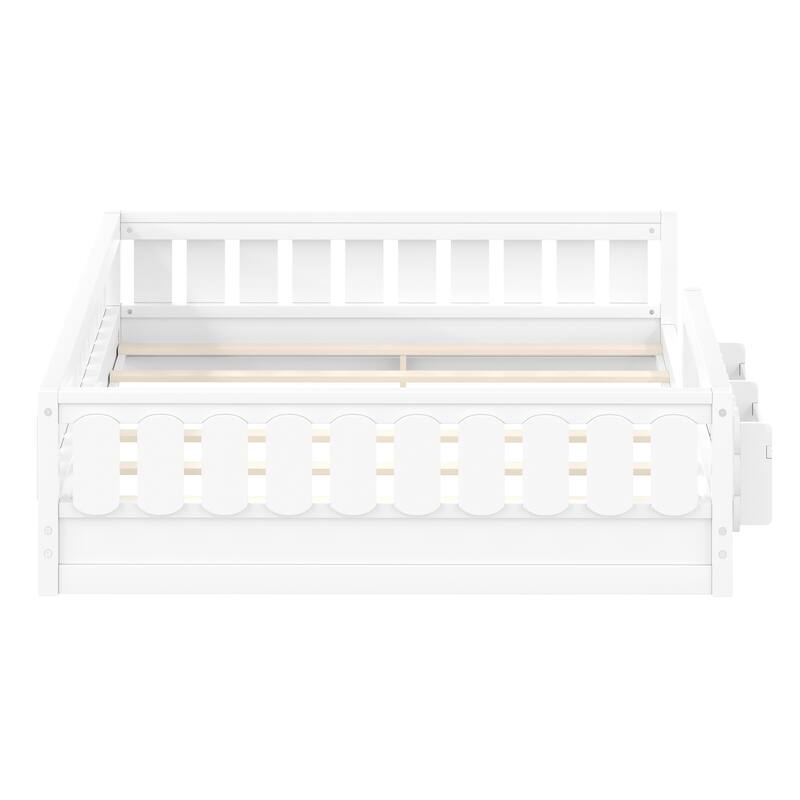 Kid Wood Platform Storage Bed Montessori Toddler Floor Bed Children Daybed with Guardrail and Side Creativity Storage Shelves