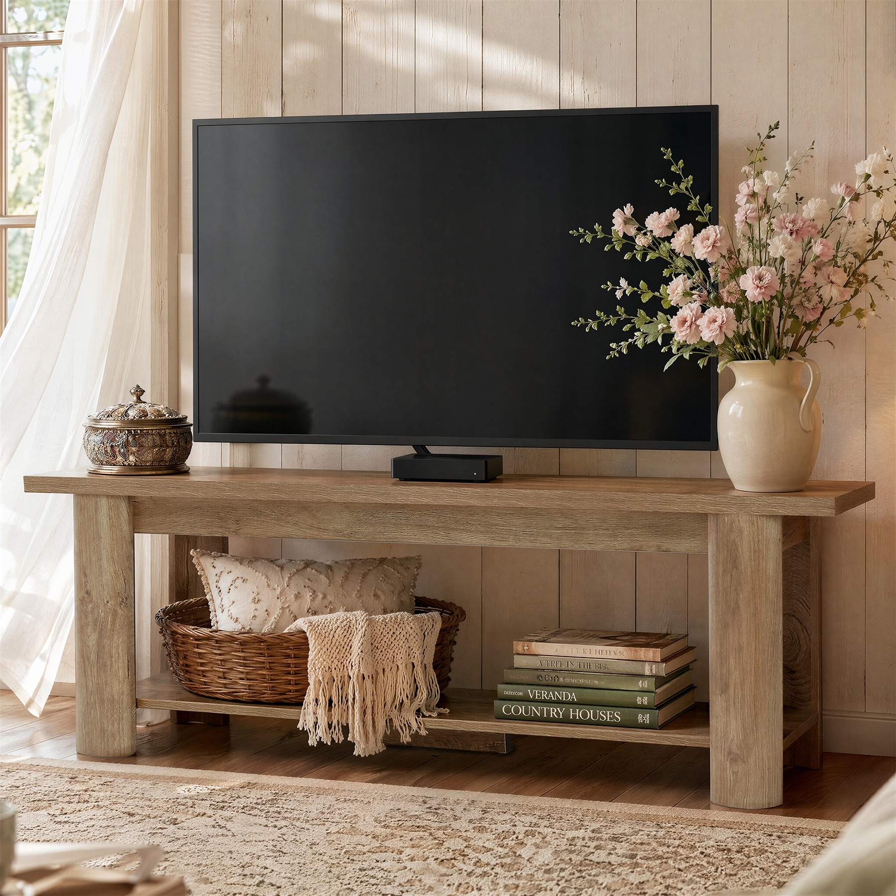 TV Stand for 65 Inch TV, Farmhouse Entertainment Center with 2-Tier Storage Space, TV Console for Living Room