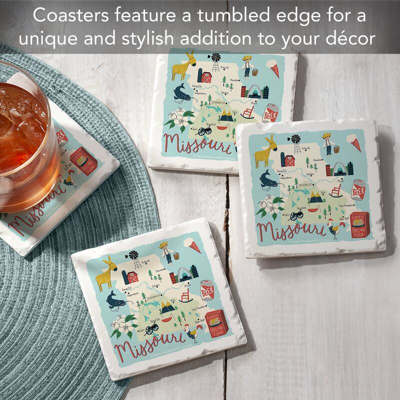 Missouri Home 4-Pack Absorbent Stone Coasters with Protective Cork Backing 4" Square Made in The USA Artistic Easily Wipes Clean