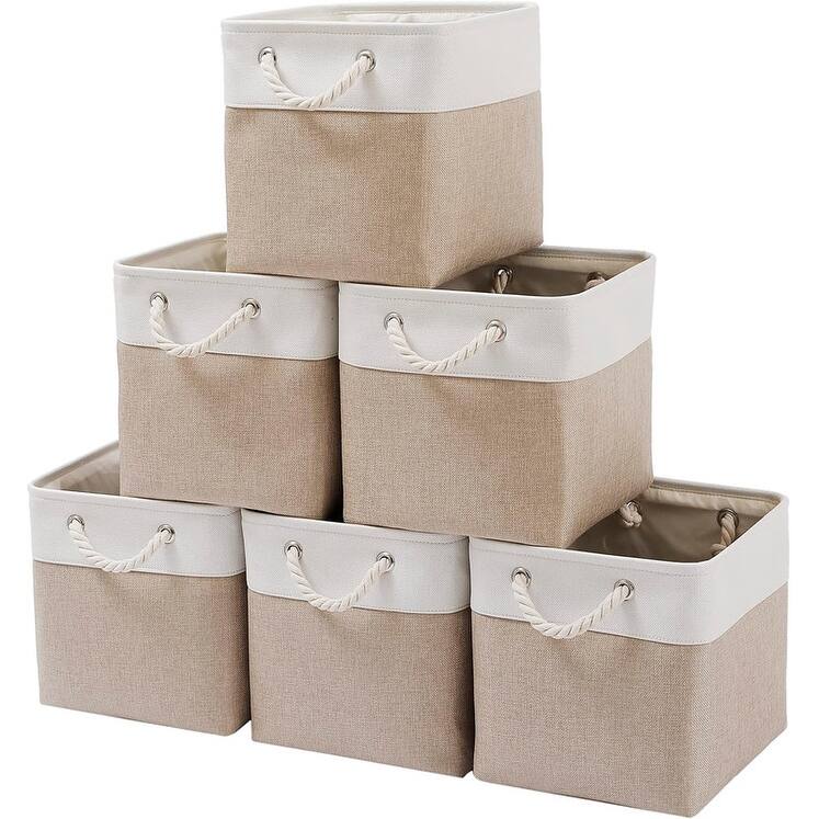 6 Pack Large Collapsible Fabric Storage Bin - White & Beige-11"x11"x11"