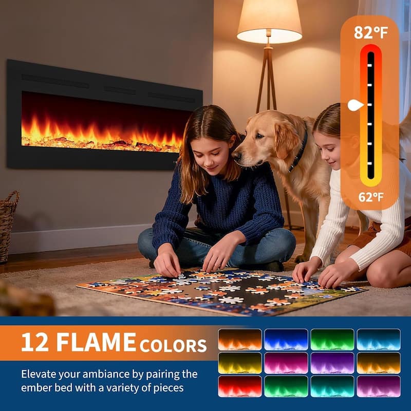 Wall Mount Electric Fireplace, Touch Screen and Remote Control, 12 Flame Colors