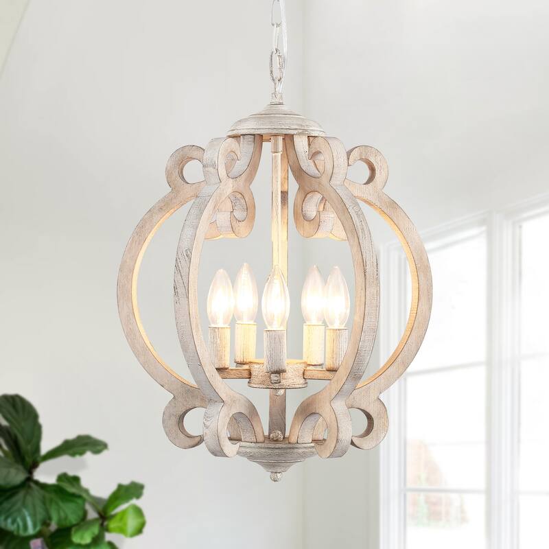 15.75“ 5-Light Rustic Pendant Light, Wood Ceiling Light Farmhouse Shabby Chic Chandelier, Classic Semi Flush Mount Chandelier - Distressed Wood