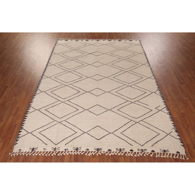 Trellis Geometric Ivory Moroccan Area Rug Handmade Wool Carpet - 7'11"x 10'9"