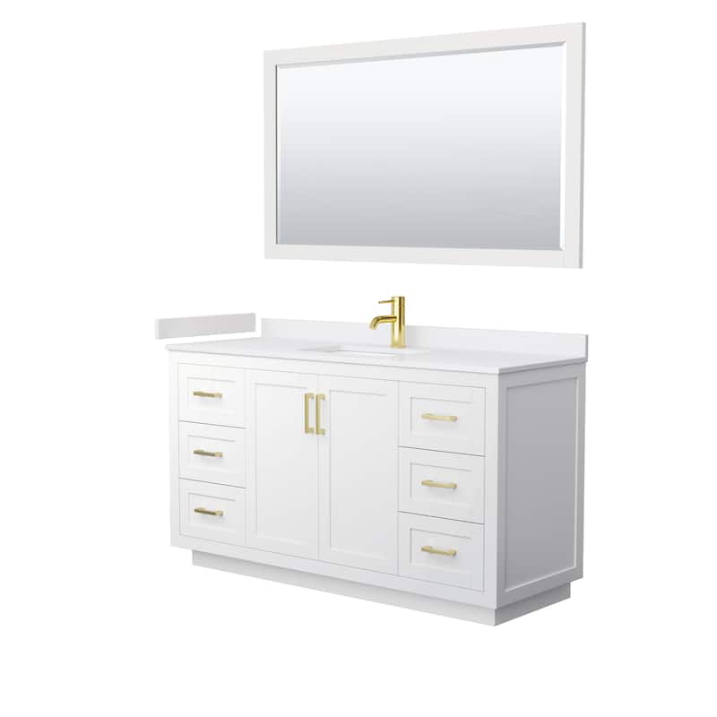 Miranda Bathroom Vanity Set, Cultured Marble Top, 58-Inch Mirror - 60-Inch Single - White, Gold Trim, White Cultured Marble Top
