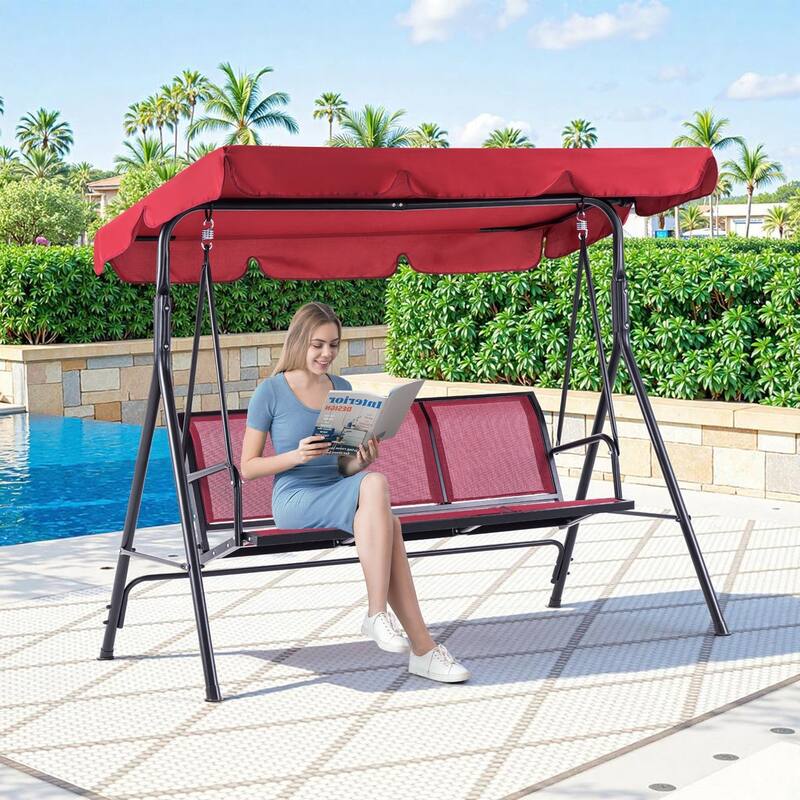 MCombo Outdoor Patio Canopy Swing Chair 3-Person, Steel Frame Textilence Seats Swing Glider, 4507