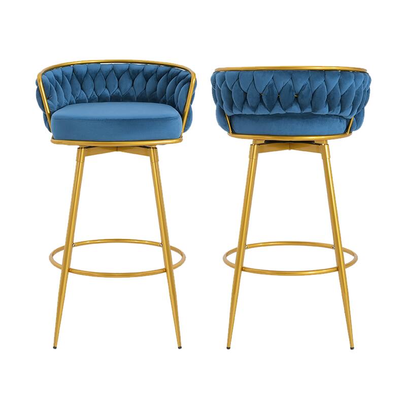 Roomfitters 31.5" Swivel Counter Height Bar Stools Set of 2, Low Back Upholstered Kitchen Chairs with Gold Metal Legs, Blue