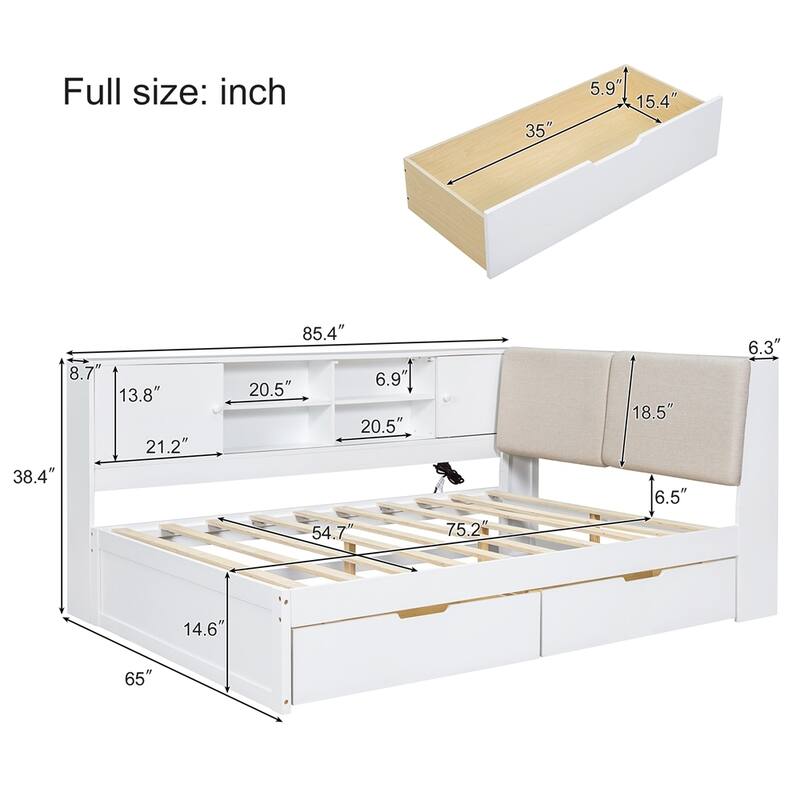 Wooden L-shaped Daybed Corner Bed with Storage Bookcase and USB Charging Ports