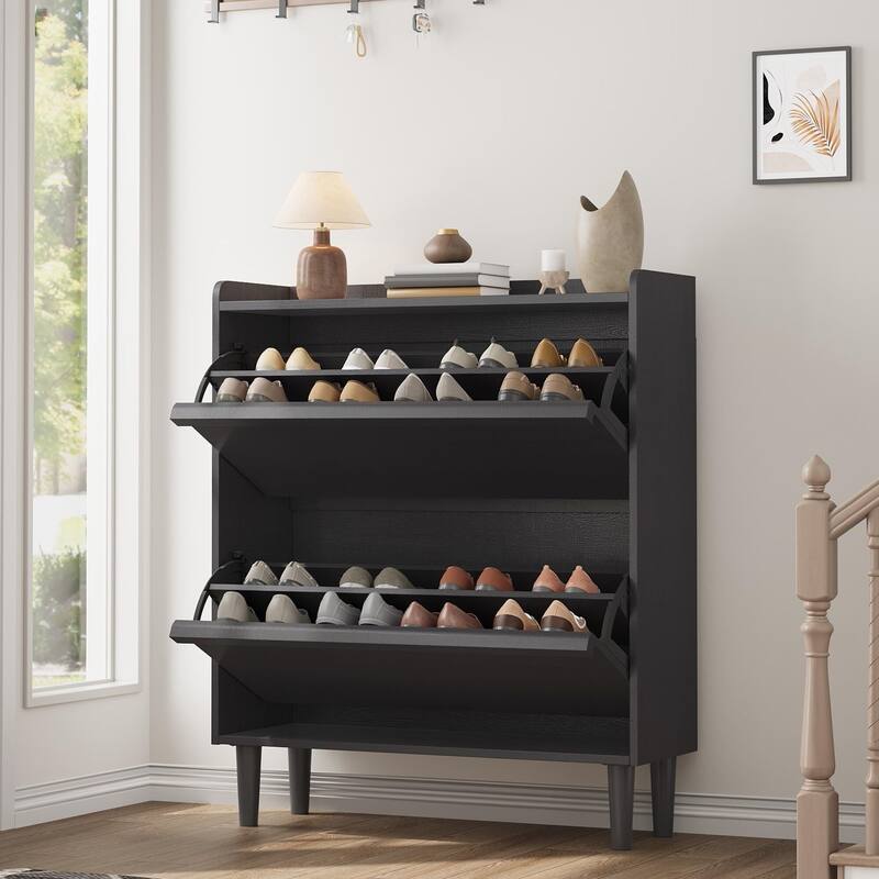 Drawer Wooden Shoe Cabinet with Adjustable Shelves - Black - 2 Drawer