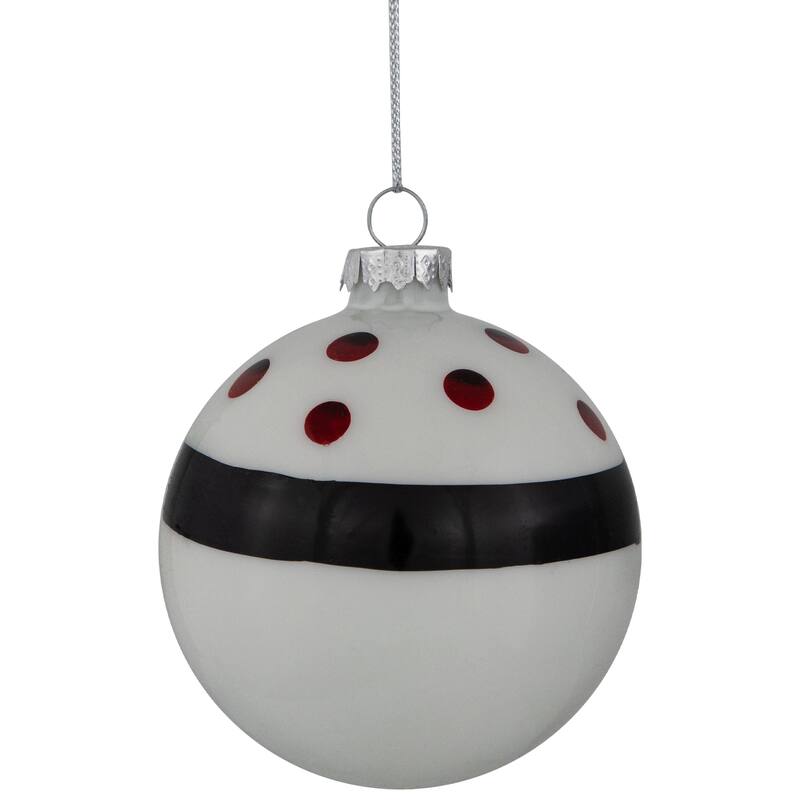 Shiny Finish Striped Christmas Glass Ball Ornaments - 3" (80mm) - White and Black - Set of 4