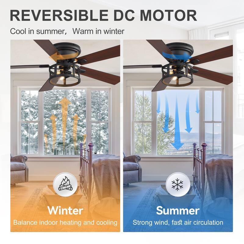 52-inch Flush Mount Caged Ceiling Fan with Light and Remote(5 Reversible Blades)