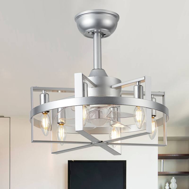 18" Industrial Metal Caged Ceiling Fan with Remote and Light Kit 6-speed Reverisble Chandelier - 17.7 Inch