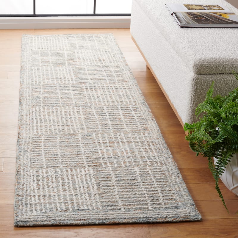 SAFAVIEH Handmade Abstract Anoek Checkered Wool Rug - 2'3" x 7' Runner - Brown/Ivory