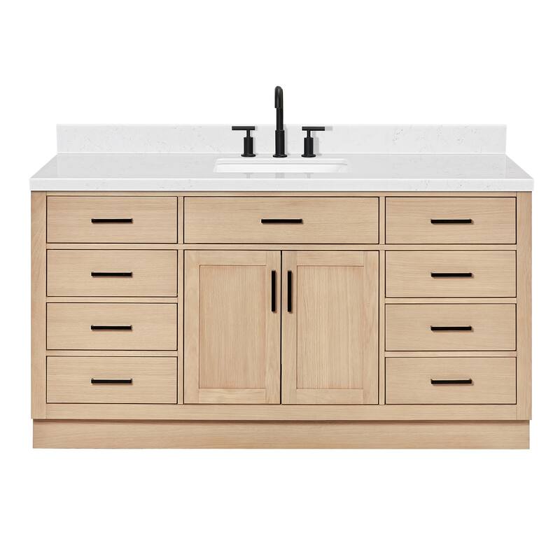 Ariel T066SCQRVO Hepburn 67" Free Standing Single Basin Vanity Set - Oak / Carrara White Quartz Top / Matte Black