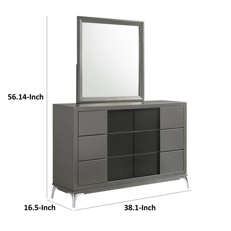 Rya 56 Inch Modern Wide Dresser with 6 Drawers, Gray Wood, Chrome