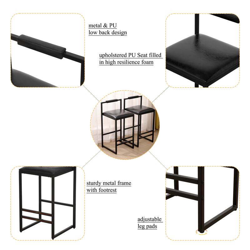 Faux Leather Upholstered Bar Stool Set of 2, Counter Height Bar Stools with Back, Kitchen Stool Island with Footstool