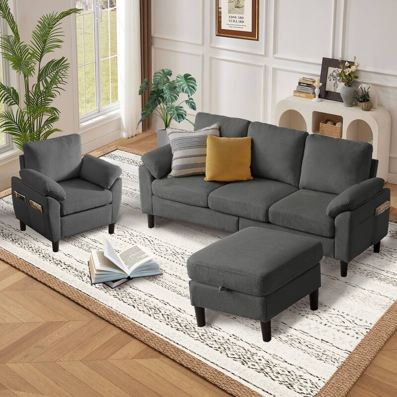 79.72" Corduroy 3 Pieces Living Room Sets Including Sectional Sofa with Storage Ottoman & Side Pockets & Armchair Set