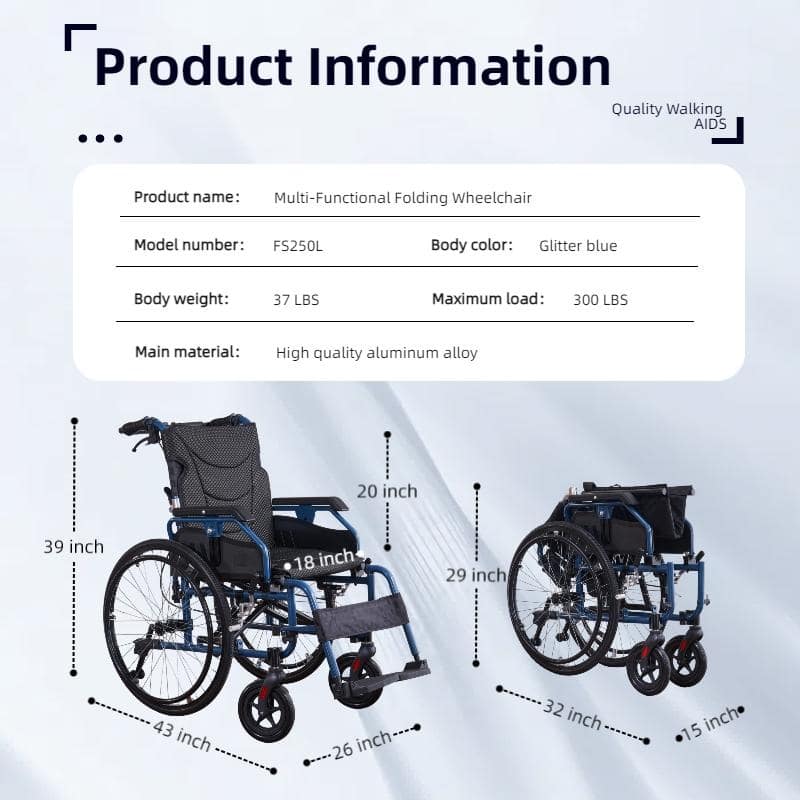 Aluminium multi-functional manual wheelchair. Hand brake. 24-inch quick detachable wheel. One-button adjustable handrail