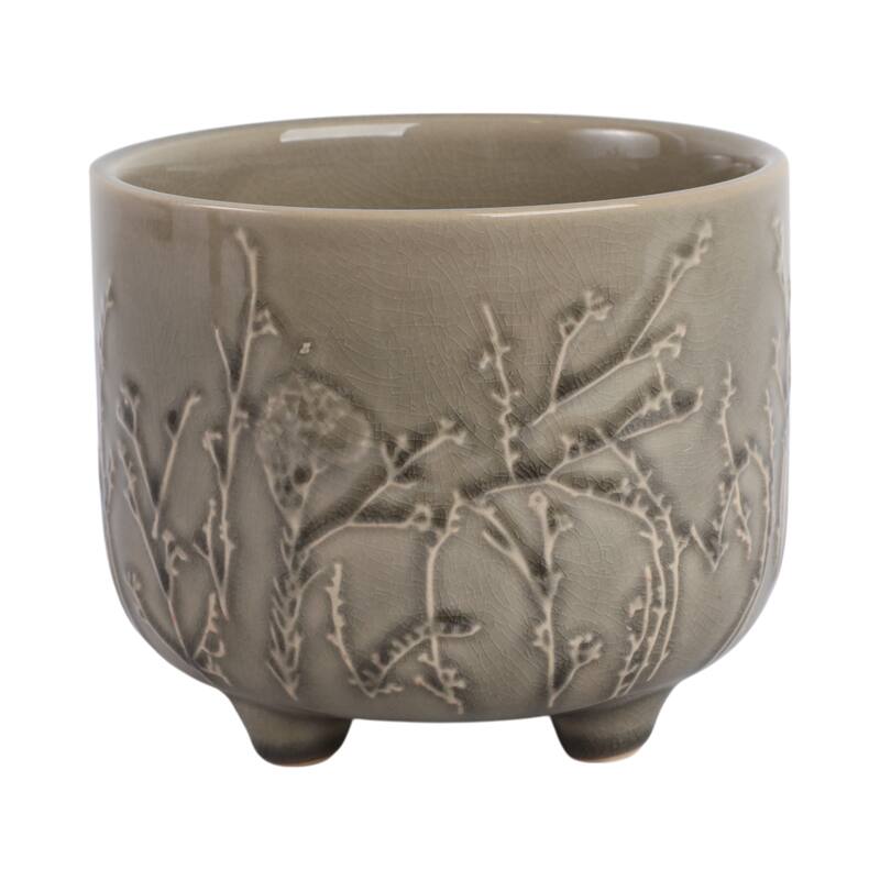 Ceramic Stoneware Planter with Raised Botanical Texture Footed Base