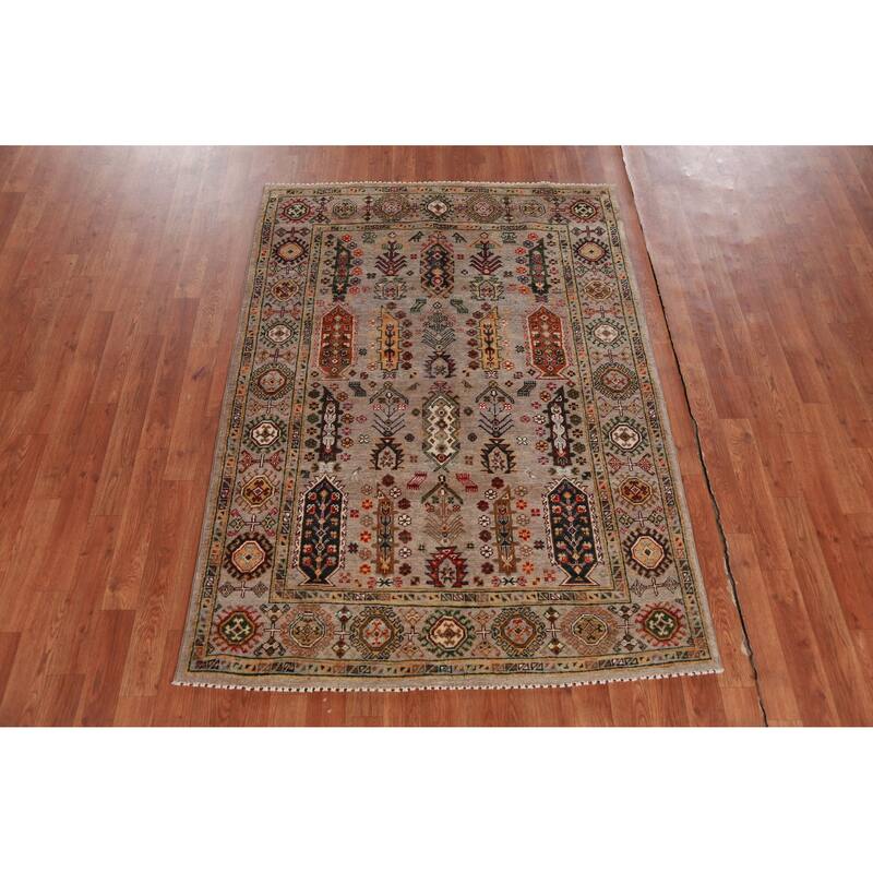 Hand Knotted Oriental 100% Wool Carpet Traditional Geometric Beige & Ivories Kazak Area Rug - 5' 8'' X 4' 0''