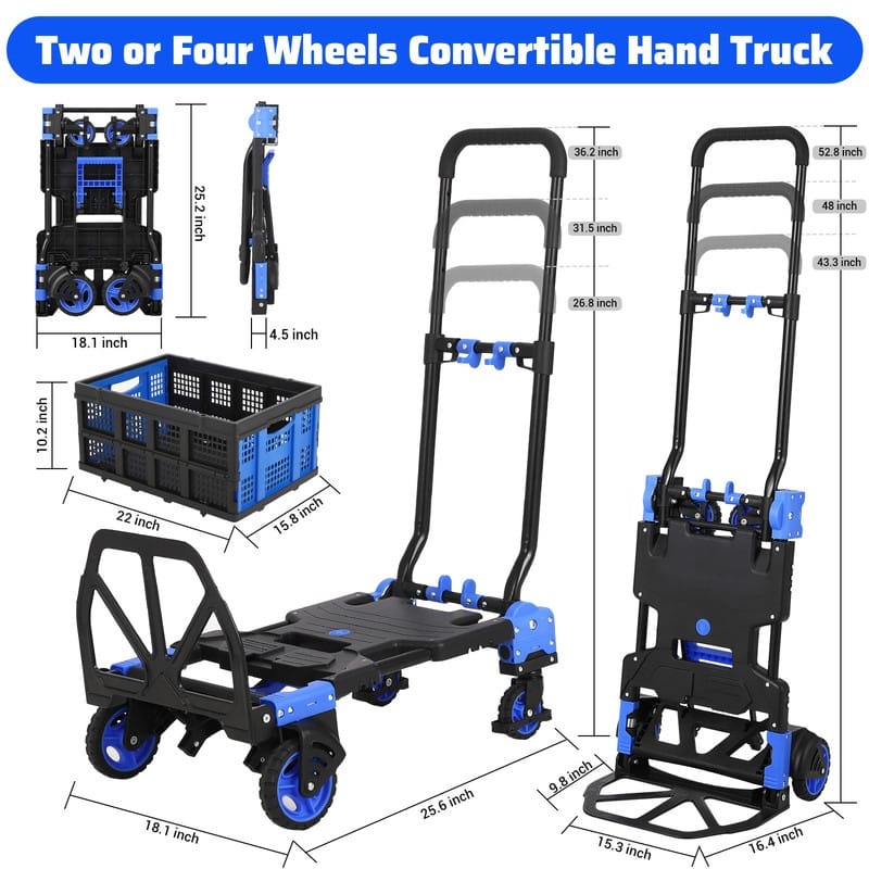 Folding Hand Truck Dolly with Basket, Dolly Cart with Wheels, Convertible Handcart with Retractable Handle