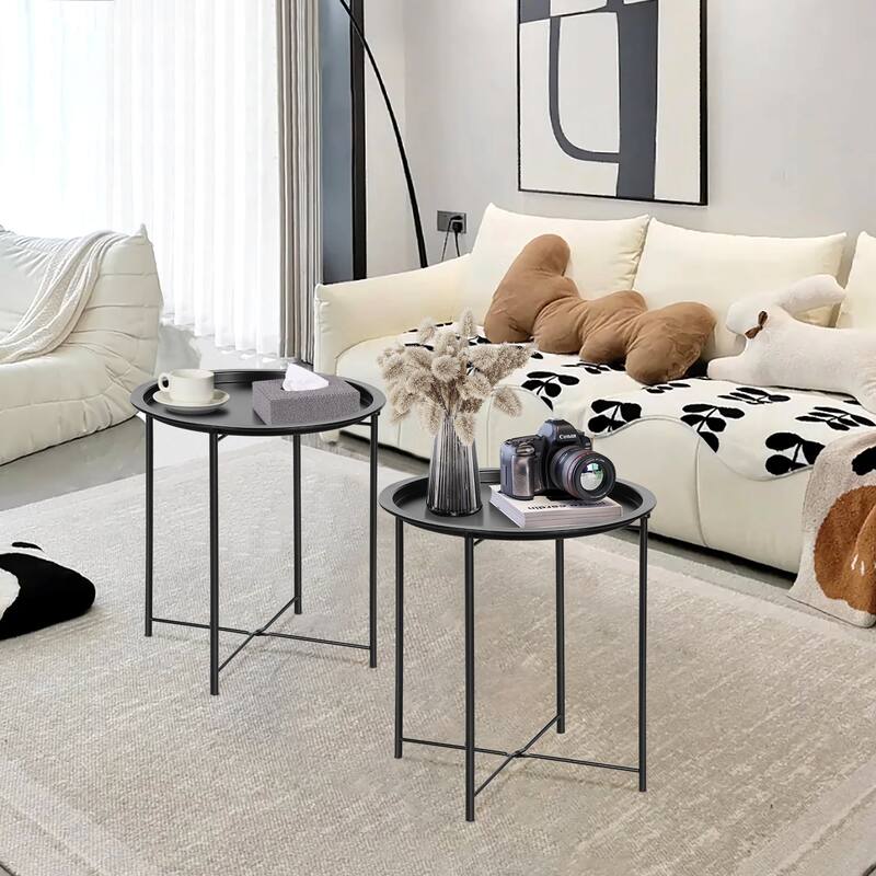 VECELO 1/2-Pack Blue Modern Side Table/ End Table with Round Removable Tray X-Shape Frame for Living Room or Bedroom