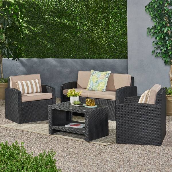 Shop Heald Outdoor Faux Wicker 4 Seater Chat Set With Cushions By Christopher Knight Home Overstock 31825440