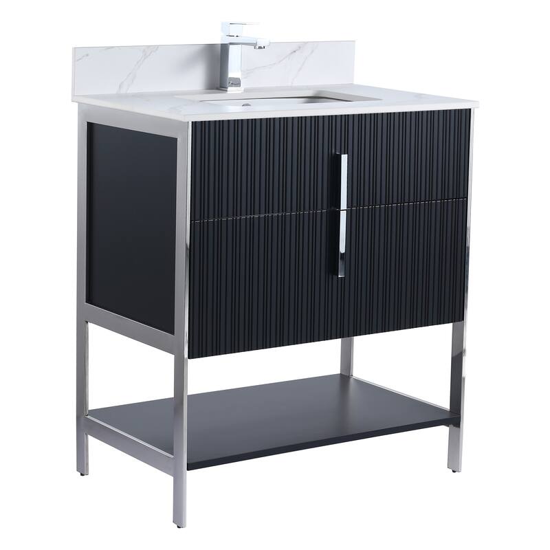 Fine Fixtures Serenity Modern Bathroom Vanity with White Carrara Stone Top - Black Matte - Chrome Hardware - 30 inch