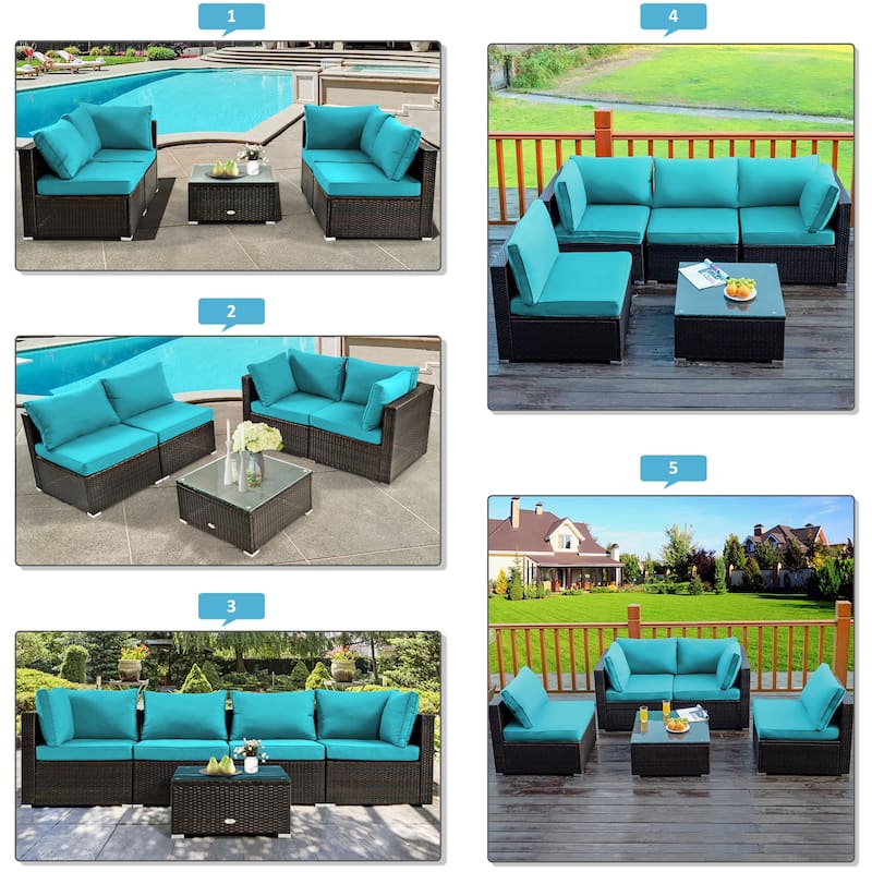 Costway 6PCS Patio Furniture Set Rattan Cushioned Sofa Gas Fire Pit - See Details