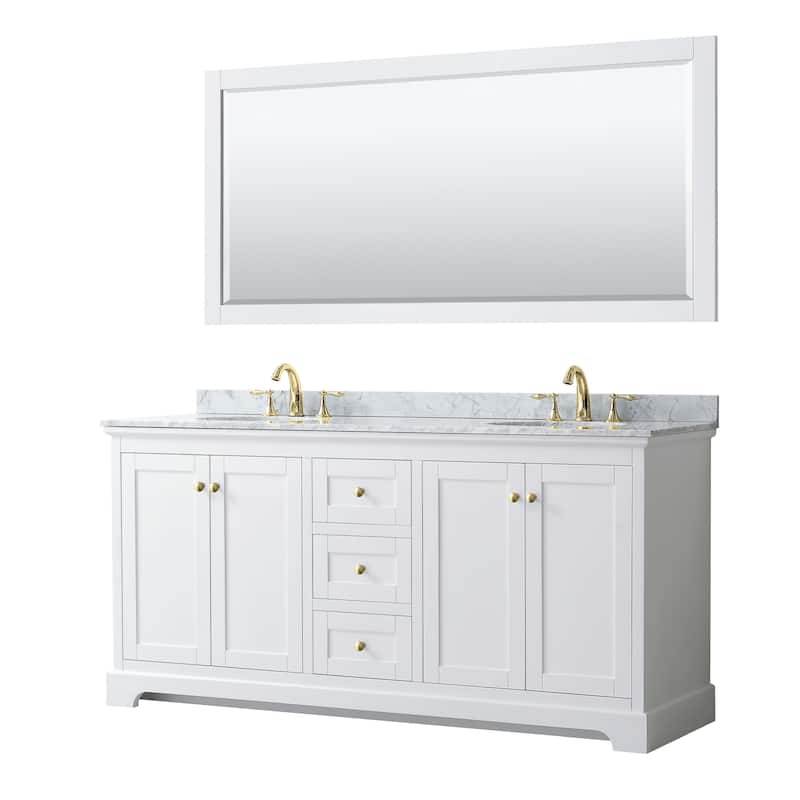 Wyndham Collection Avery 72" Free Standing Double Basin Vanity Set - White / White Carrara Marble Top / Brushed Gold - Painted