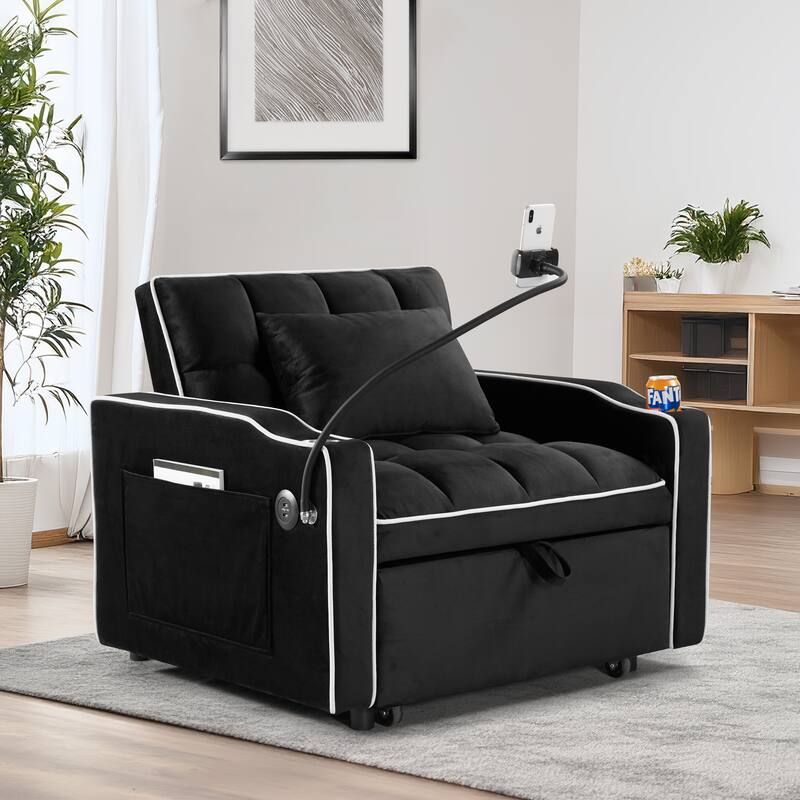 Black Velvet Single Convertible Sofa Bed with USB Charging Port