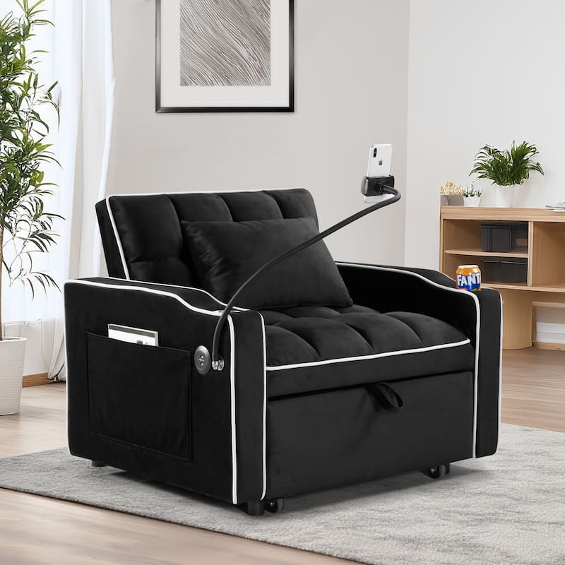 Velvet Single Convertible Sofa Bed with USB Charging Port