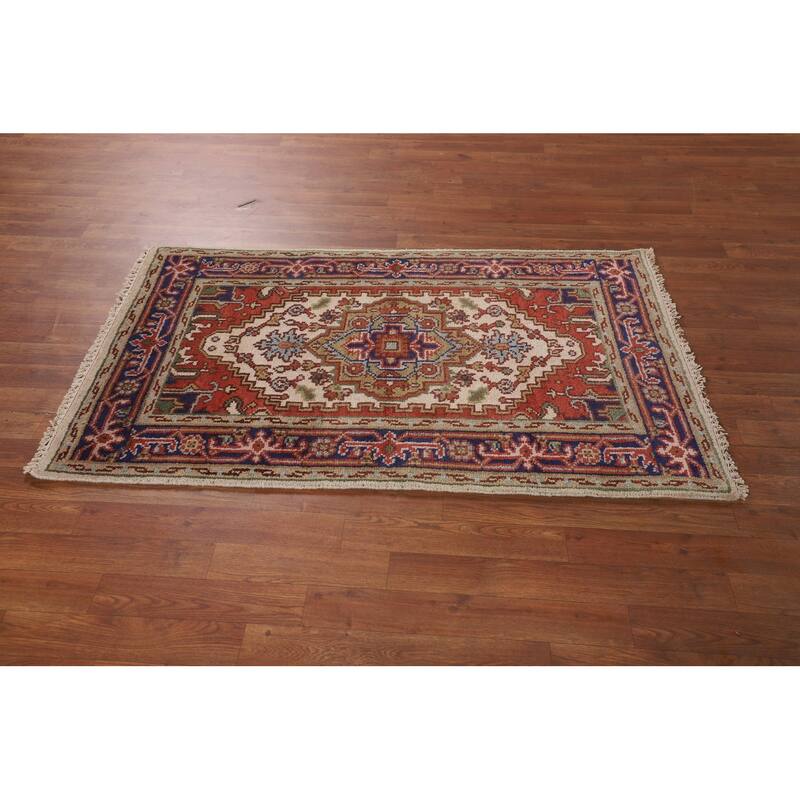 Ivory Geometric Heriz Serapi Indian Foyer Rug Hand-Knotted Wool Carpet - 3'0"x 4'11"