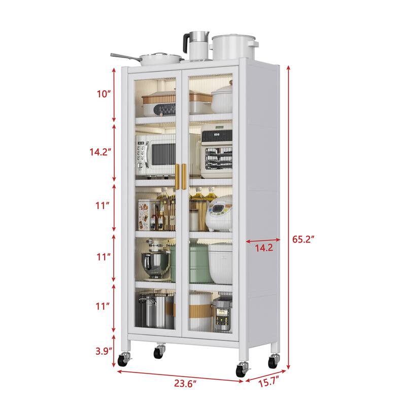 67'' Tall Kitchen Storage Cabinet, Metal Storage Cabinet with Wheels and Adjustable Shelves