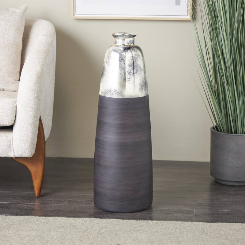 Black Glass Tall Brushed Two-Toned Floor Decorative Vase with Textured Silver Top - Black - 10"W, 30"H