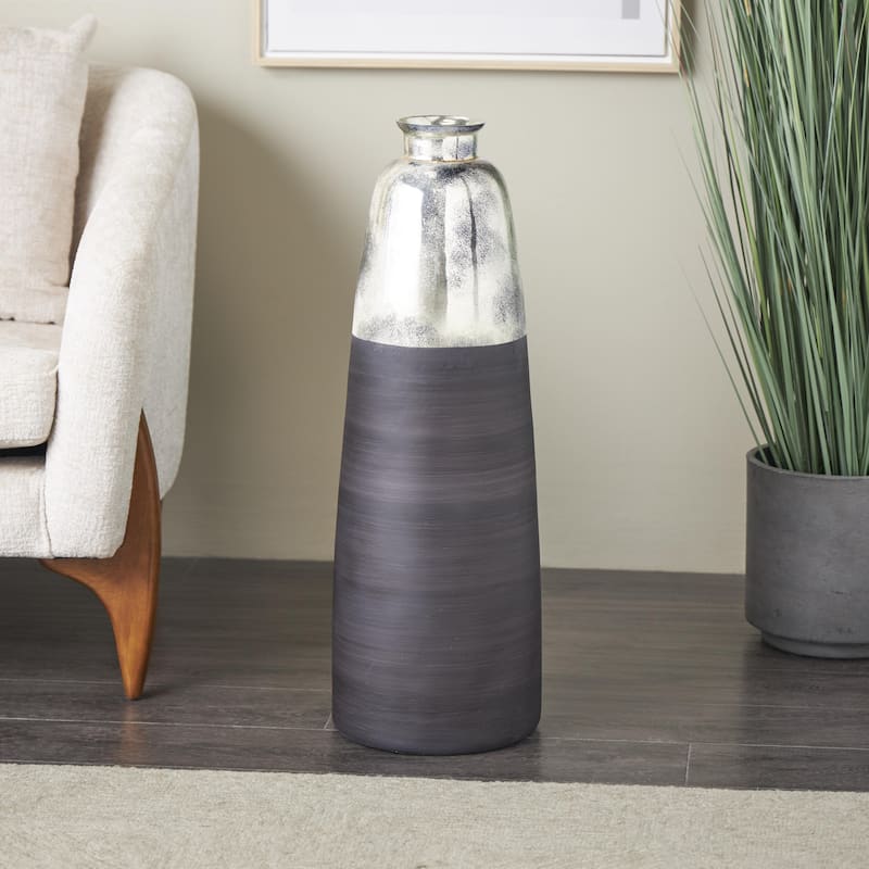 Glass Tall Brushed Two-Toned Floor Decorative Vase with Textured Silver Top - Black - Roche River Decor