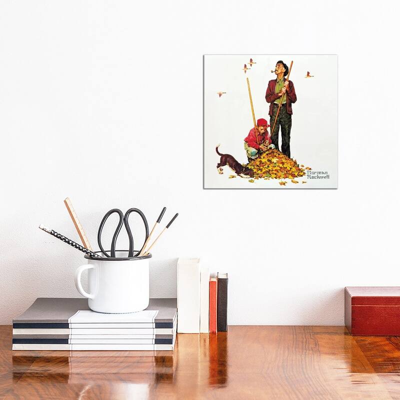 iCanvas "Grandpa and Me - Raking Leaves" by Norman Rockwell Canvas Print - 12x12x0.75