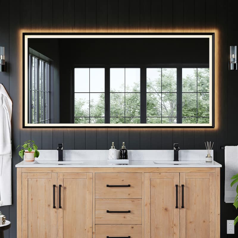 Apollo Rectangular Anti-Fog Dimmable Modern Bathroom/Vanity LED Lighted Wall Mirror in Matte Black Aluminum Framed