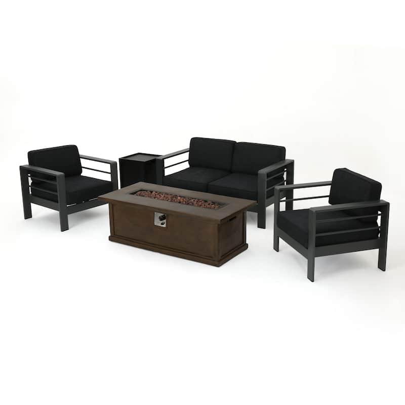 Cape Coral Outdoor Aluminum 5-piece Chat Set with Cushions & Fire Table by Christopher Knight Home