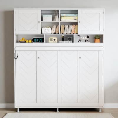 Queen Wall Murphy Bed with Storage, Hydraulic Lift, Chevron Panel Design, 600 lb Capacity, Fits 6-8" Mattress, White
