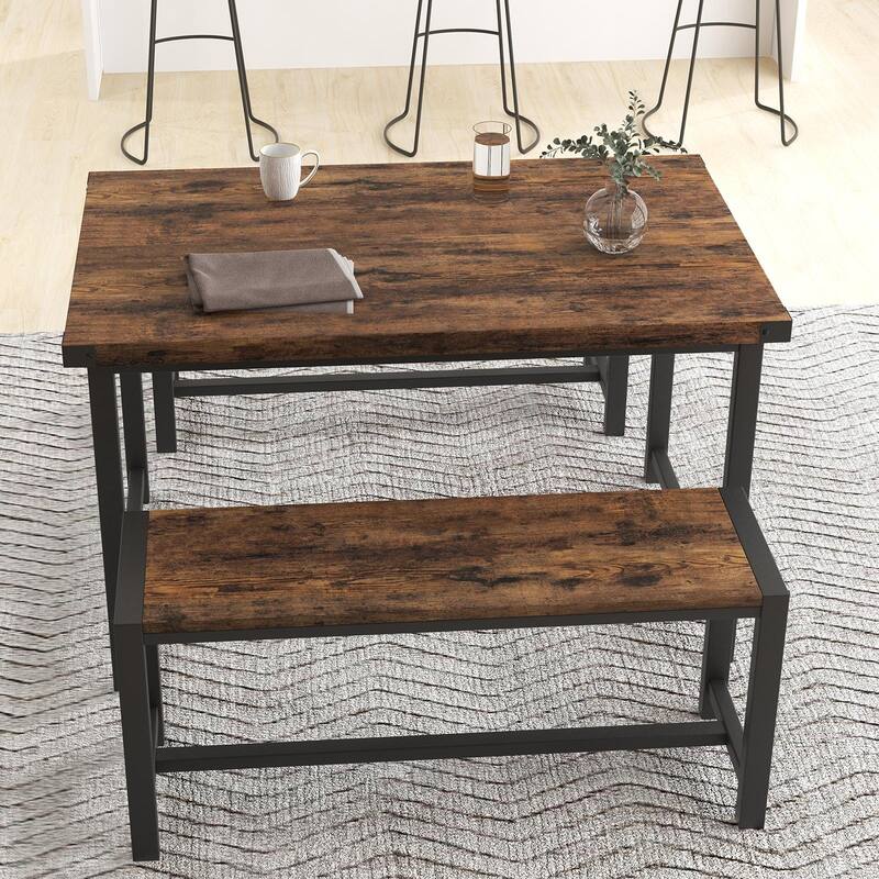Vintage 3 Piece Dining Table Set with 2 Benches - N/A