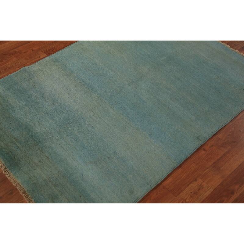 Green & Blue Gabbeh Modern Rug Handmade Stripe Wool Carpet - 3'4" x 4'10"