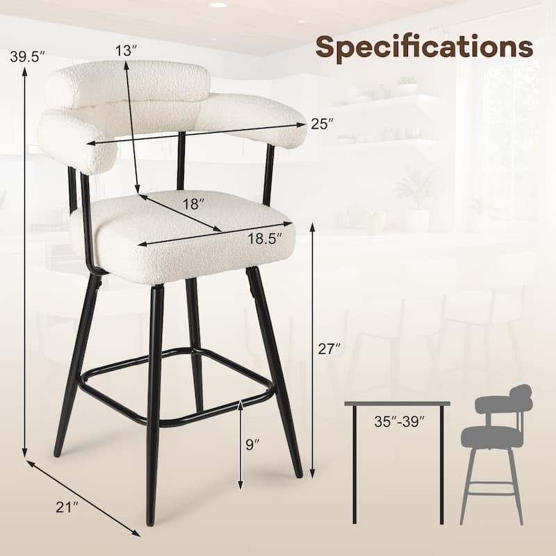 Set of 2 Counter Height Plush Boucle Fabric Bar Stools with Swivel Seat for Kitchen or Cafe - 25" x 21" x 39.5"