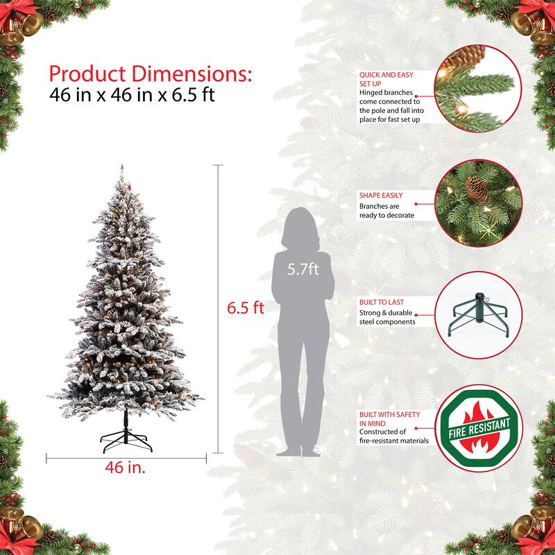 Puleo International 6.5 ft. Pre-lit Flocked ‎Bennington Fir Artificial Christmas Tree