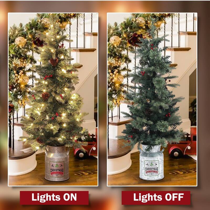 Artificial 4ft Christmas Tree with Metal Pot and Pre-lit LED Lights with Pine Cones and Berry Decorations - 48" H x 22" Diameter