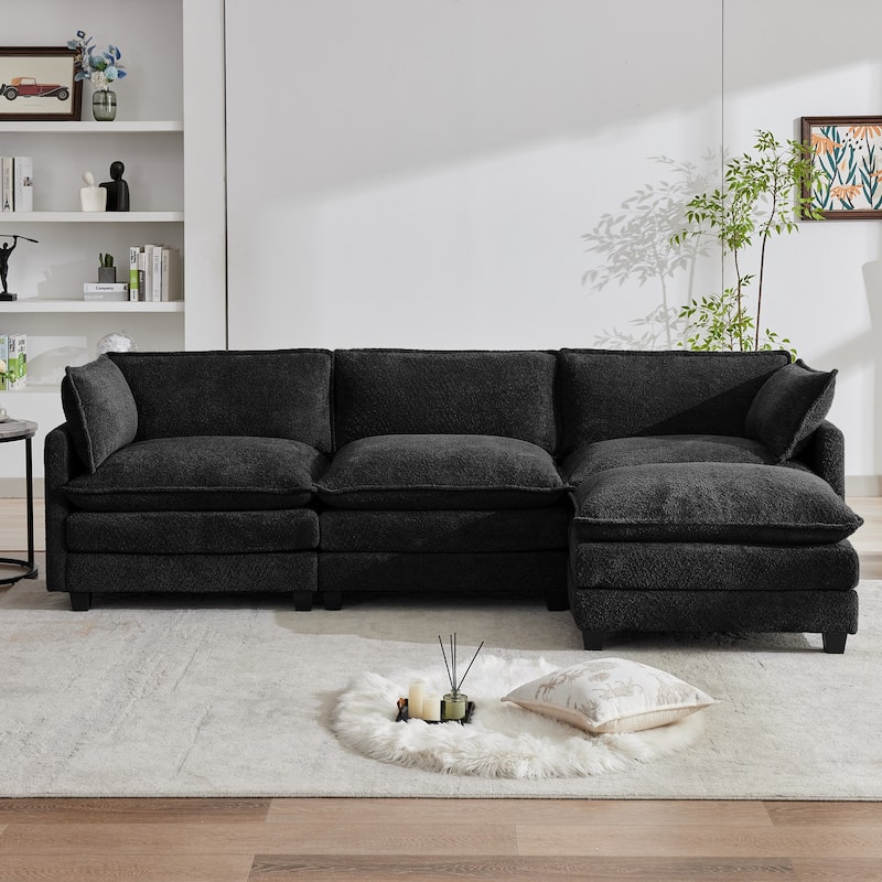 CLICKBIN Chenille Fabric Stragiht Arm L-Shaped Modular Sectional Sofa Couch with Ottoman for Living Room - Black-3 Seat