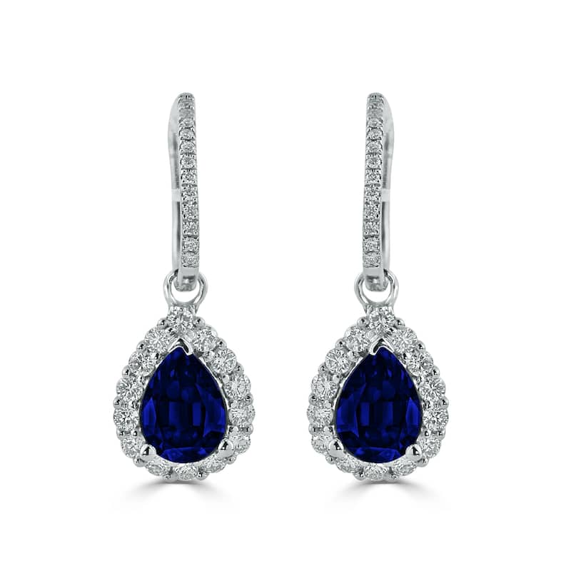 Auriya Fancy Teardrop 2 5/8ct Blue Sapphire and 5/8ct Diamond Halo Dangle Earrings 18k Gold
