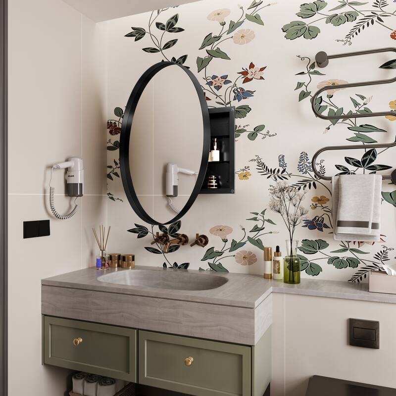 31.5 Inch Surface Mount Round Metal Framed Medicine Cabinet with Mirror and Adjustable Shelves Black Wall Mirror with Storage