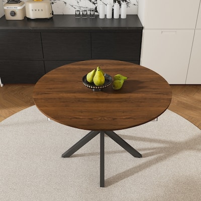 Modern Retractable Solid Wood Round Dining Table with Carbon Steel Base